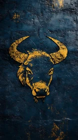 Bull head emblem is rendered in yellow on dark textured wall