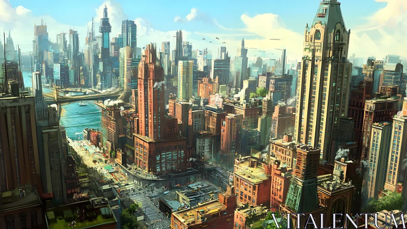 Sunlit futurist metropolis with riverside bridges and towers.