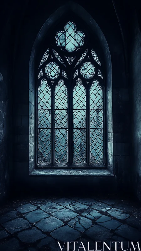 Gothic stone chamber with cold stained glass window glow.