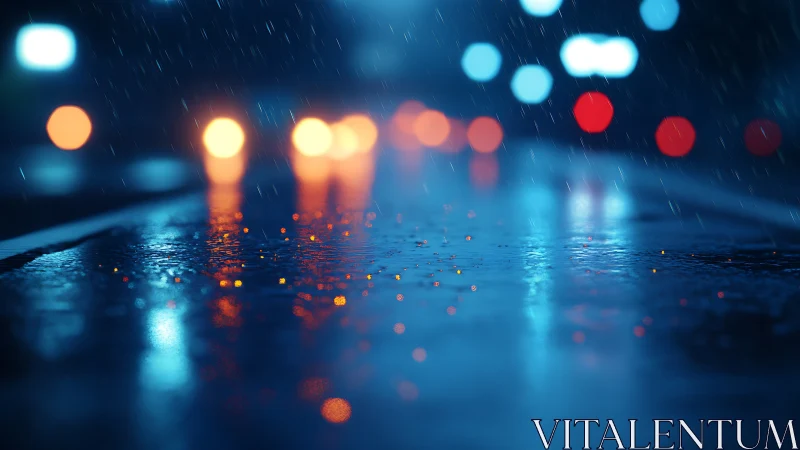 Low-angle rainy street captures neon bokeh in vivid focus play