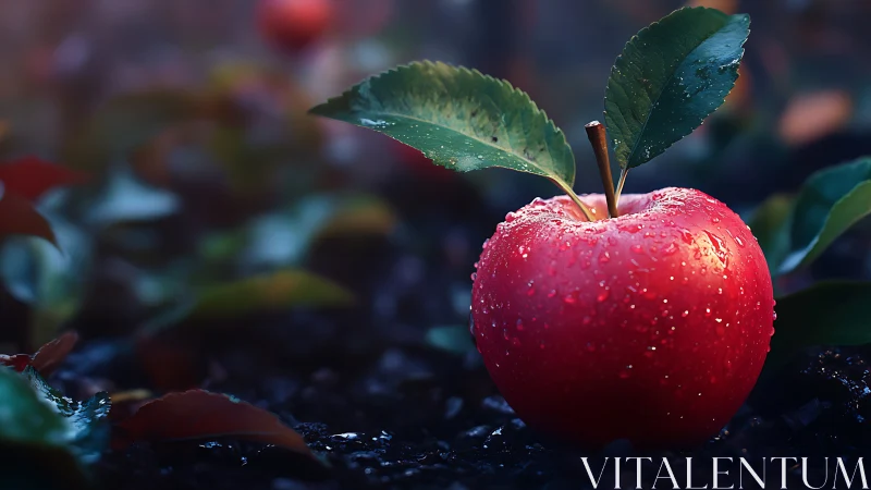 Red apple with dewdrops resting on dark soil outdoors.