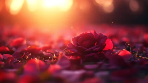 Deep Crimson Rose Illuminated by Golden Sunset Bokeh.