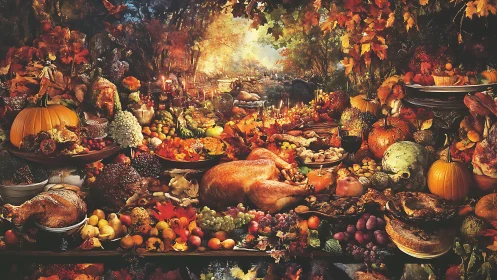 Opulent autumn feast still life unifies harvest color harmonies