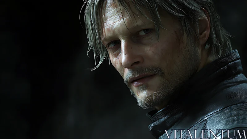 Brooding silver‑haired man in dramatic cinematic close‑up.