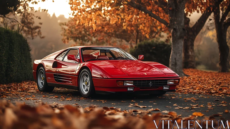 Classic red sports coupe in golden autumn landscape.