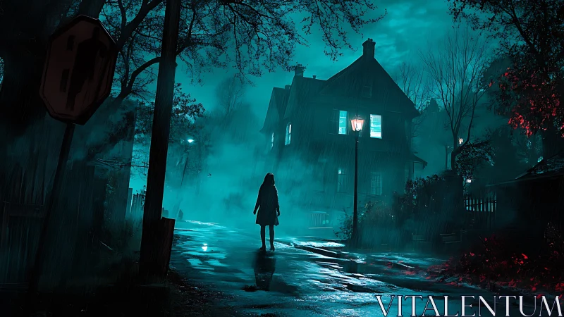 Cinematic night street scene with silhouetted figure in rain.