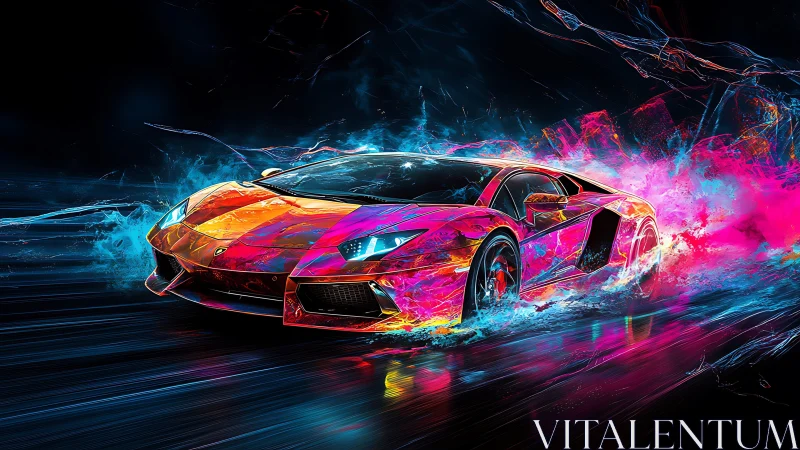 Neon night racer splashing through electric color waves.