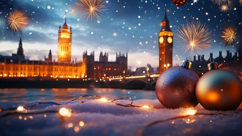 Cozy holiday fireworks glow over London’s sparkling river.