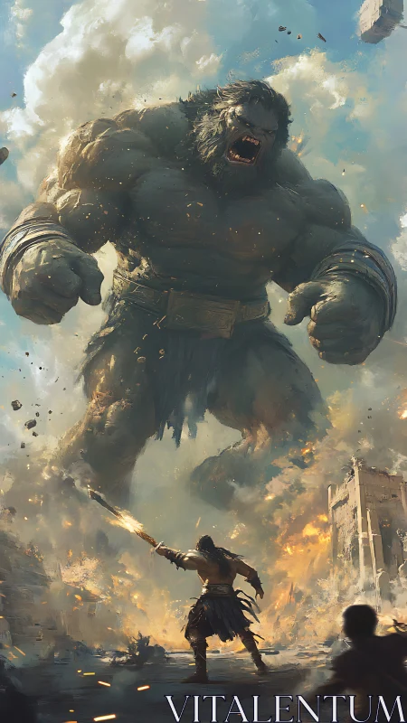 Giant humanoid creature confronting armed warrior in ruins.