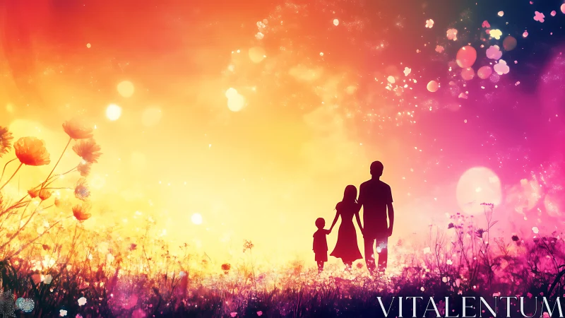 Silhouetted family figures in flower field with gradient lighting
