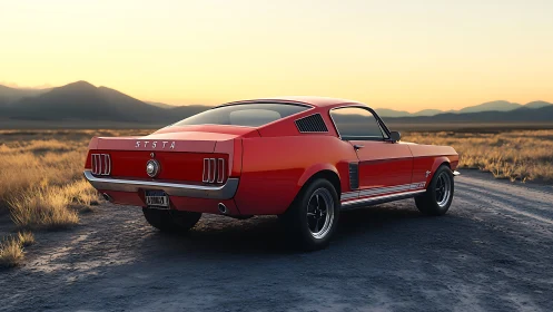 Red classic muscle car glows under soft desert sunset