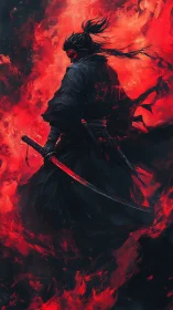 Lone dark samurai strides through swirling inferno blaze