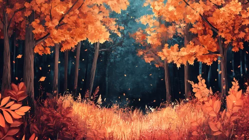 Autumn Forest Canopy with Falling Leaves and Teal Atmospheric Depth