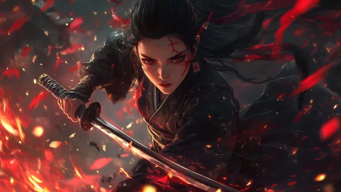 Fierce katana warrior framed by dynamic ember-lit motion.