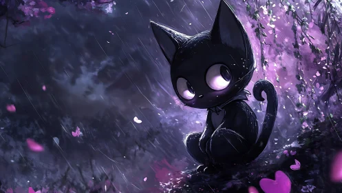 Moonlit emo kitten in violet rain and falling hearts.