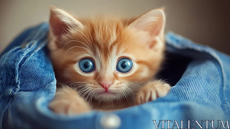 Ginger Kitten with Striking Blue Eyes Wrapped in Denim.