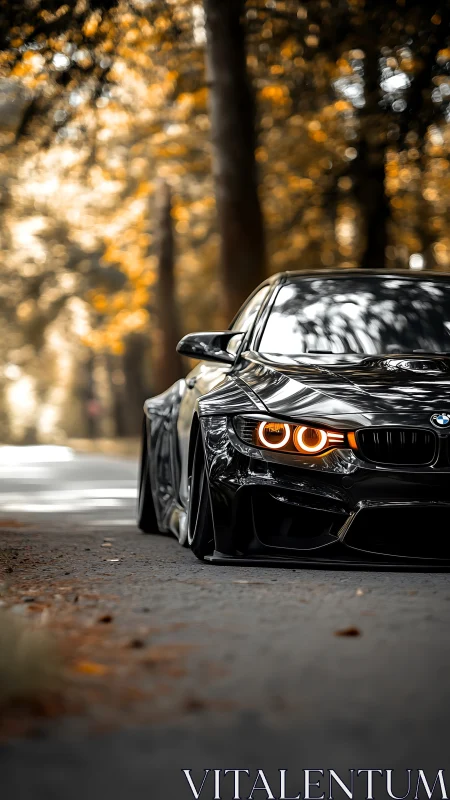 Lowered black BMW coupe parked on tree lined rural road