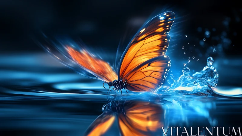 High-contrast macro capture shows orange butterfly skimming water