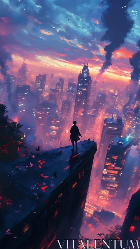 Silhouetted figure stands on high ledge above dense cityscape