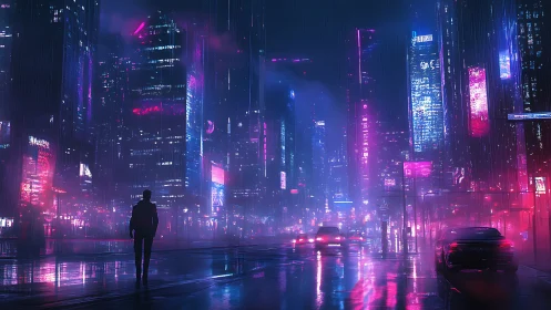 Neon drenched future city street glowing with soft mystery.