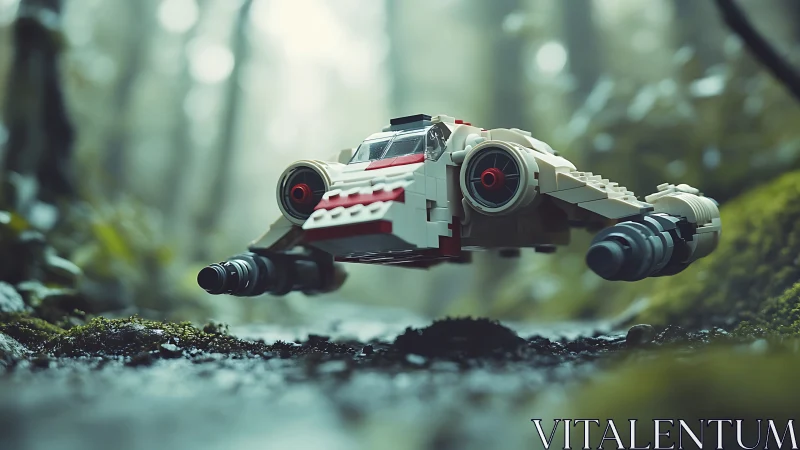 Photoreal LEGO starfighter hover shot in misty forest path