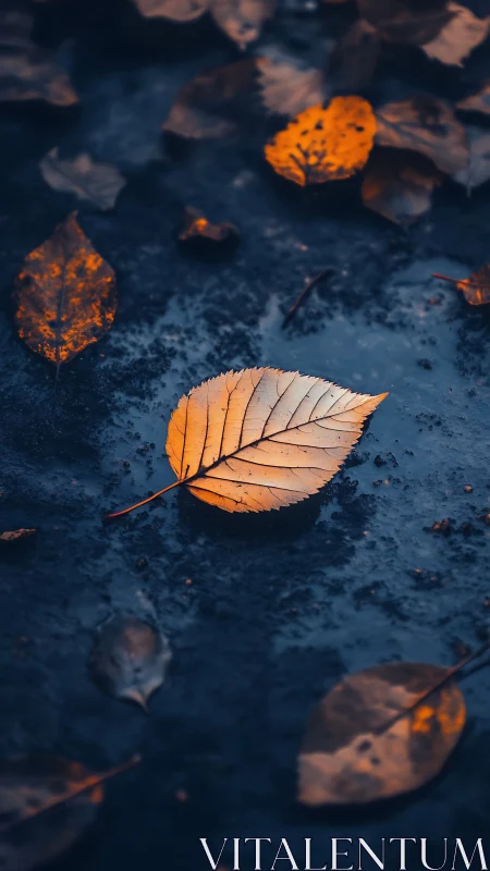 Golden autumn leaf on wet dark ground in moody focus.