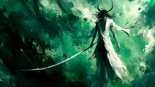 Storm-kissed warrior strides through swirling emerald chaos