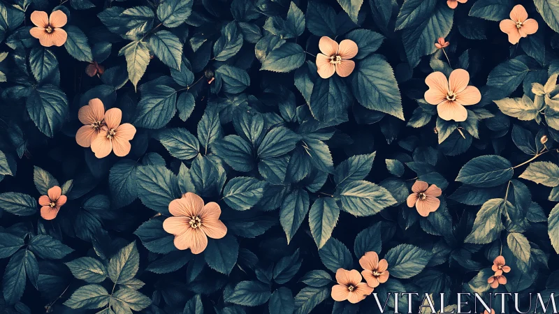 Peach Blossoms Against Deep Teal Foliage: Botanical Overhead Composition.