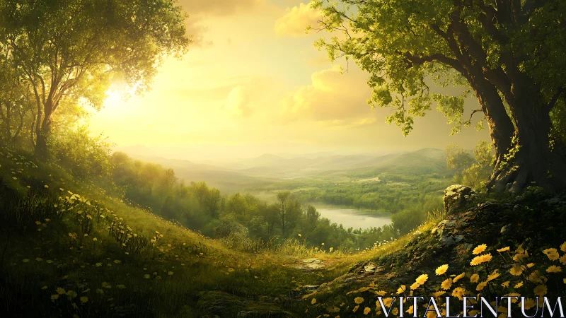 Sunlit valley doorway lets wildflowers whisper toward dawn