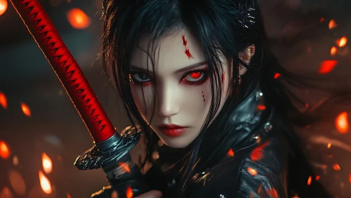 Digital painting portrait of red-eyed katana warrior heroine.