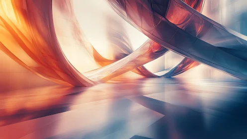 Light swept ribbons winding through a serene glass hall.