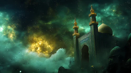Celestial emerald mosque under turbulent nebular sky