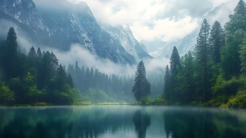 Mist-draped pines trade whispers with glassy glacier lake