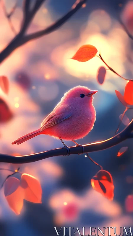 Pink songbird on branch amid glowing sunset bokeh.