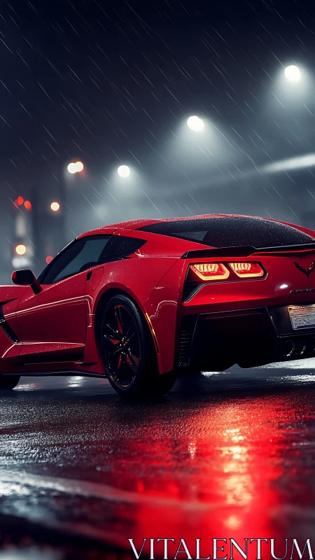 Rear three-quarter red sports coupe on wet neon city street