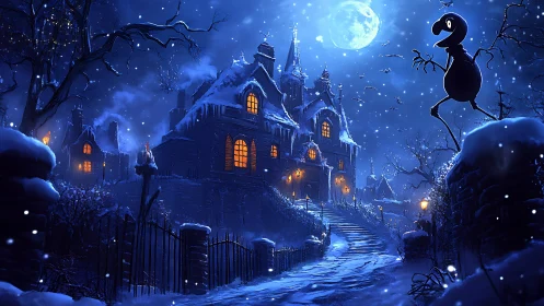 Snowy haunted mansion under moonlit winter sky.