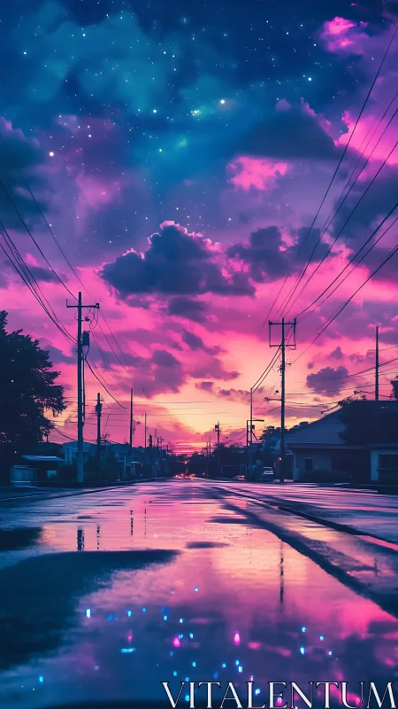Neon dusk streetscape with reflective sky-gradient horizon.