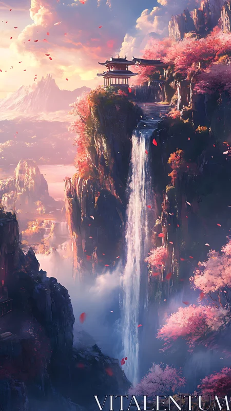 Digital painting of cliffside temple over cascading waterfall.
