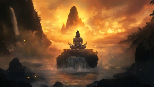 Digital painting of meditative deity over cascading waterscape.