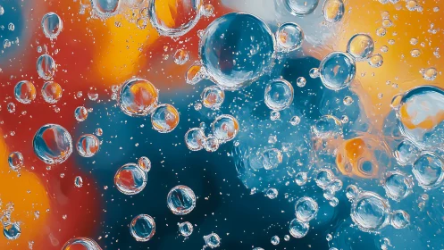Oil droplets are suspended in liquid against multicolor field