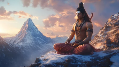 Meditating deity overlooks glowing snowy Himalayan summit at dawn