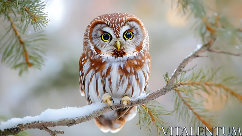 Northern Saw-whet Owl perched on snowy branch, nature photography.
