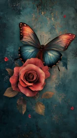 Copper-wing butterfly and rose on teal textured backdrop.