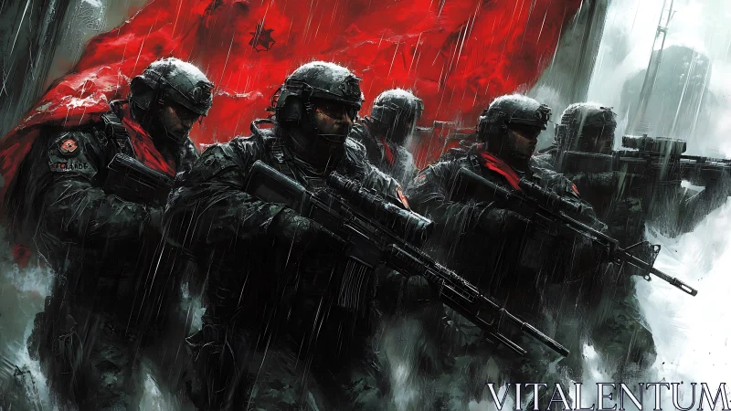 Armored soldiers advance through rain before red war banner