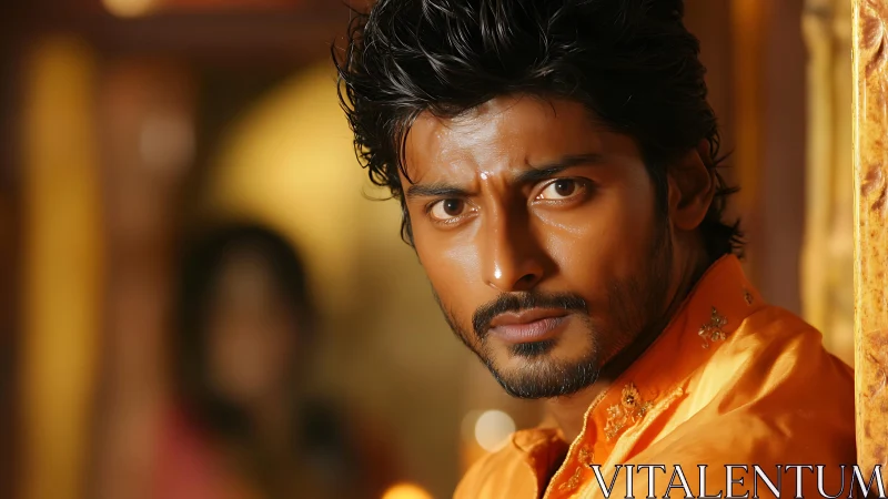 Serious man in orange traditional attire indoors portrait.