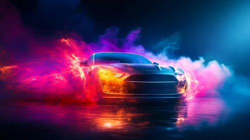 Sports car charges forward through neon smoke and flames