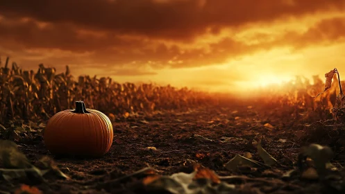 Single pumpkin in dirt path between cornfields at sunset.