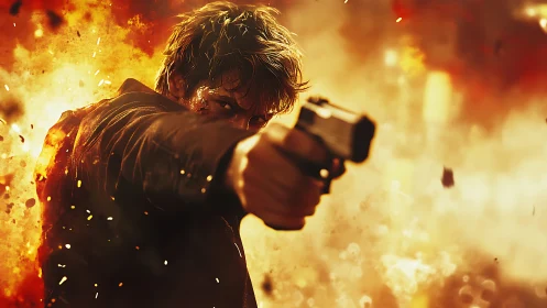 Male figure aiming handgun amid intense fiery explosion.