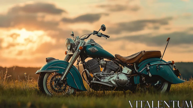Sunset teal cruiser resting in wild meadow hush.
