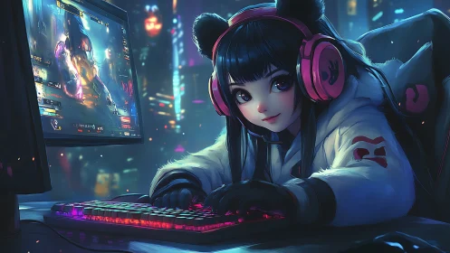 Neon city gamer girl glows in a cozy cyberpunk battlestation